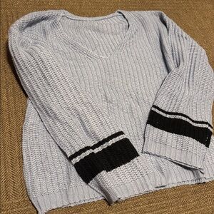 Light blue V-Neck Sweater with navy Stripes